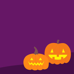 Pumpkin set. Happy Halloween. Scary landscape. Funny creepy scary smiling face. Cute cartoon kawaii baby character. Yellow candle light. Greeting card. Violet background. Isolated. Flat design.
