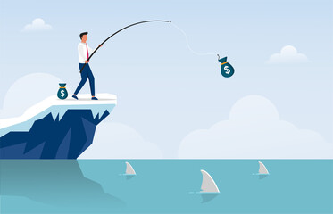 Businessman fishing sack of money vector illustration.
