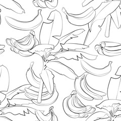 Seamless bananas and leaves. Line drawing. Lines have different widths. Black white