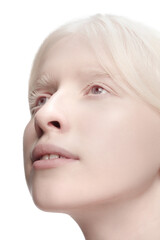 Dreams. Portrait of beautiful albino woman isolated on white studio background. Beauty, fashion, skincare, cosmetics concept. Copyspace. Well-kept skin, fresh look. Inclusion and diversity.