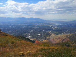 Downtown Salt Lake City and Oqquirh Mountains from the Wasatch foothills in early fall