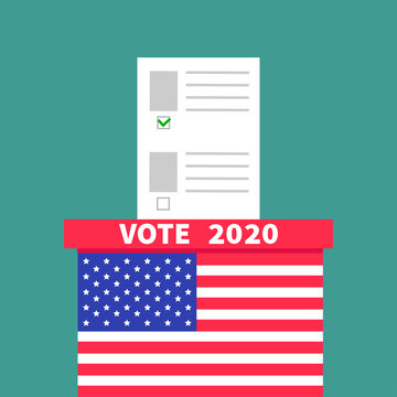 President election day. Vote 2020. American flag Ballot Voting box with paper blank bulletin concept.  Flat design Green background.