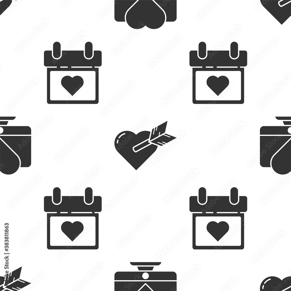 Poster set computer monitor with heart, amour with heart and arrow and calendar with heart on seamless patt