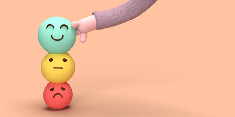 Illustration 3d d'un bra qui choisie un visage souriant heureux vert, évaluation des commentaires et avis clients positifs, expérience, enquête de satisfaction, évaluation de la santé mentale.