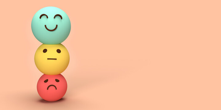 Illustration 3d d'un concept sur visage sourire heureux vert, &eacute;valuation des commentaires et avis clients positifs, exp&eacute;rience, enqu&ecirc;te de satisfaction, &eacute;valuation de la sant&eacute; mentale. rendu 3D