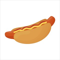 Tasty, colorful hotdog with sausage and mustard isolated on white background. Traditional fast food, design element.