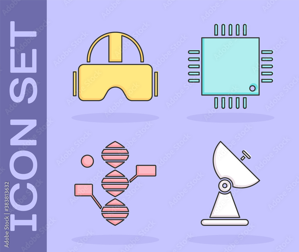Poster set radar, virtual reality glasses, dna symbol and processor with microcircuits cpu icon. vector.