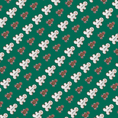 Christmas concept pattern. Gingerbread snowman cookies with shadow on green background. Colorful pattern Creative minimal winter flat lay. Paper or decor template
