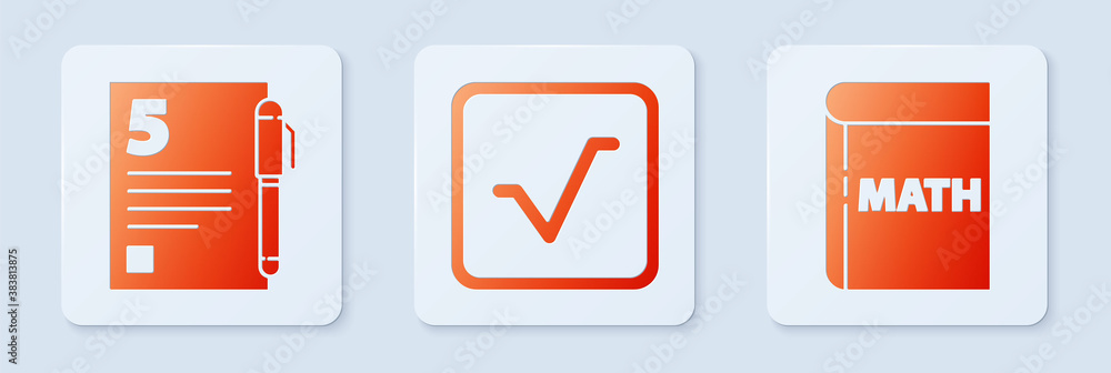 Poster set square root, test or exam sheet and pen and book with word mathematics. white square button. vec