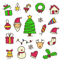 Obraz na płótnie Canvas Set of cute Christmas vector elements isolated on white background. Colorful Christmas doodle illustration