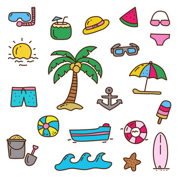 Set of cute beach elements in doodle style with colorful design isolated on white background 