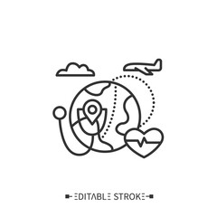 Health tourism line icon. Medical travelling to another country to get medical treatment. Birth tourism. Abroad treatment. Tourism types concept. Isolated vector illustration. Editable stroke 