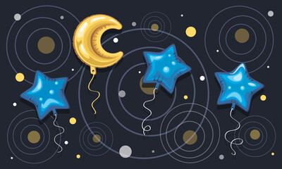 Month. Stars. Vector sky background with bright gel balloons blue stars. Flying surprise. Festive