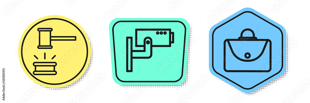 Poster set line judge gavel, security camera and briefcase. colored shapes. vector.