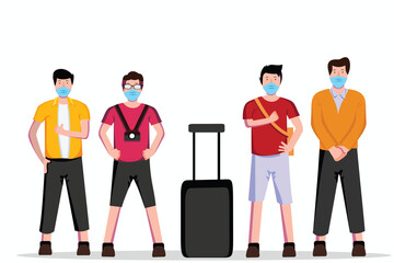 flat design of a group of young people preparing for a vacation with a health protocols