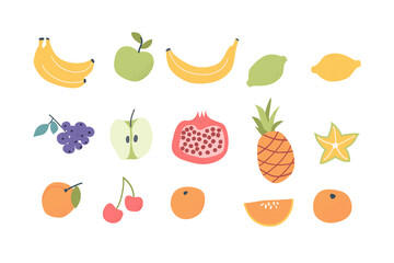 Doodle hand drawn fruits set. Vegan tropical fruits