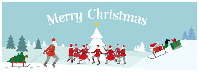Christmas Greetings. Santas dancing around a christmas tree in a snowy landscape. Santa pulling a sleigh with a christmas tree. Santa Claus sliding down on a sledge with a christmas gift behind. 