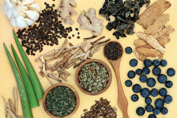Adaptogen herbal pharmaceutical health food with natural plant based foods that help the body deal with stress and promote or restore normal physiological functions. Flat lay on yellow background.

