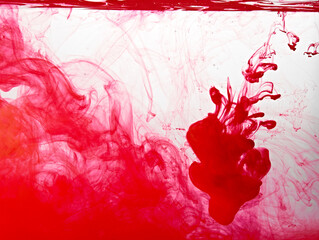 Closeup of a red ink in water in motion isolated on white. Ink swirling underwater. Colored abstract smoke explosion effect. Abstract background with copy space..