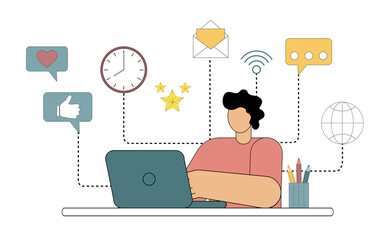The man sits at his desk at his laptop with icons on the background. Multitasking. Remote work. Vector flat illustration isolated on white background.