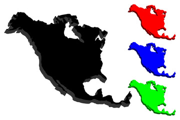 3D map of North America continent - black, red, blue and green - vector illustration