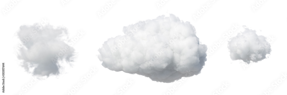 Poster 3d render. collection of random shapes of abstract clouds. cumulus different views clip art isolated