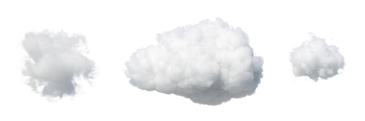 3d render. Collection of random shapes of abstract clouds. Cumulus different views clip art isolated on white background. - obrazy, fototapety, plakaty