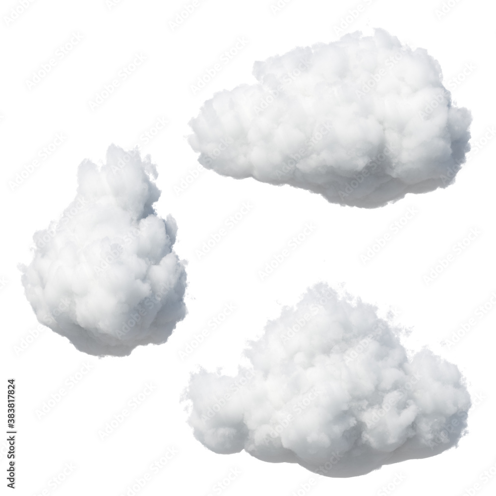 Poster 3d render. random shapes of abstract cotton clouds. cumulus different views clip art isolated on whi