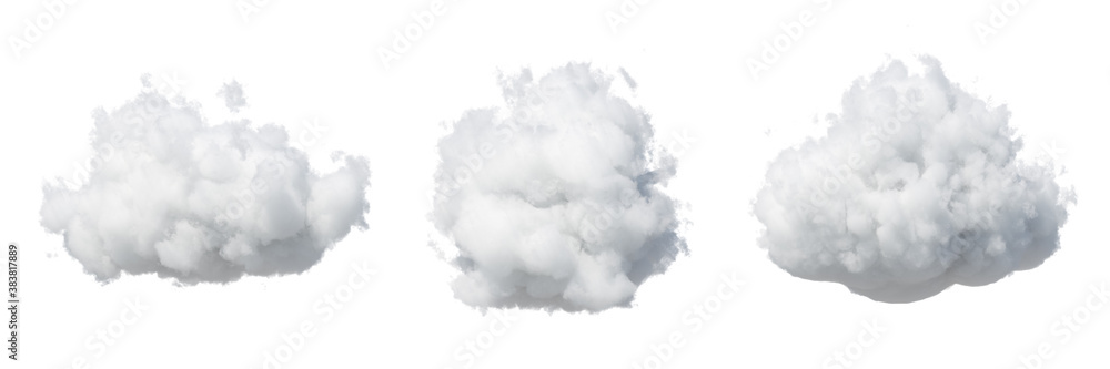 Poster 3d render. assorted shapes of abstract white clouds. cumulus different views clip art isolated on wh