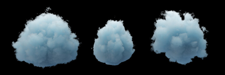 3d render. Collection of random shapes of abstract clouds. Cumulus different views, clip art isolated on black background