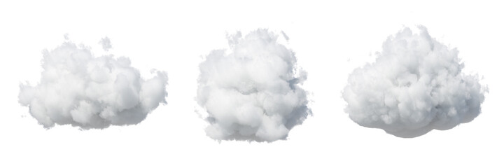 3d render. Assorted shapes of abstract white clouds. Cumulus different views clip art isolated on white background. - obrazy, fototapety, plakaty