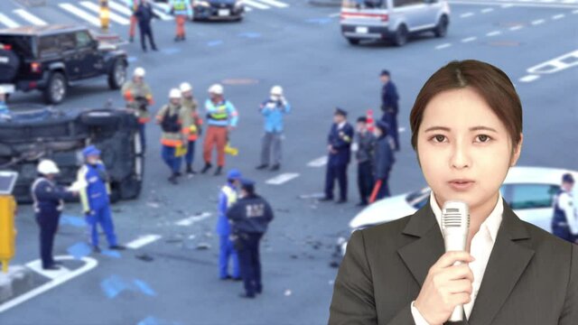 交通事故を取材するアナウンサー　イメージ