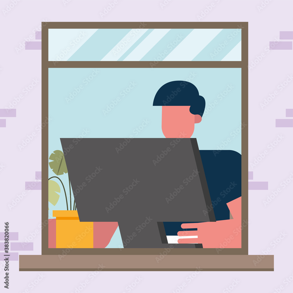 Poster man with computer working at window from home vector design