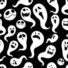 Seamless pattern Of Vintage Happy Halloween flat  ghosts. Halloween Scrapbook Elements. Vector illustration. Cute Halloween Characters. Black and white
