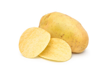 Crispy potato chips snack flat cut with fresh potato isolated on white background.