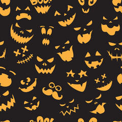 Seamless pattern Of Vintage Happy Halloween flat  emotocons. Halloween Scrapbook Elements. Vector illustration. Cute Halloween Characters.