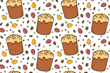 Colourful glaze Easter cakes, painted eggs, nuts seamless pattern on white background. Doodle stile.
