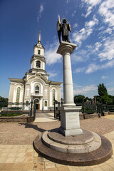 Statue of Saint Michael the Archangel near Orthodox Holy Transfiguration Cathedral in the center of Donetsk, Ukraine.