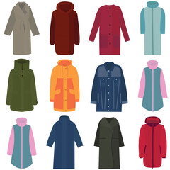 vector, isolated, female coat, jacket, set