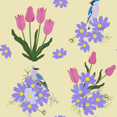 Fototapeta na wymiar Seamless vector illustration with pink tulips.