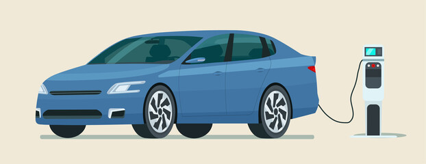 Modern electric sedan car is charging isolated. Vector flat style illustration.