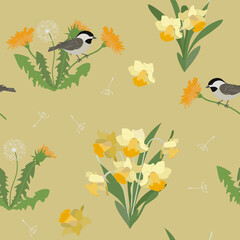 Obraz premium Seamless vector illustration with daffodils, dandelions and sparrows.