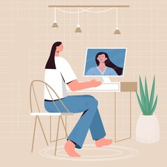 Stylish woman using computer, webinar, conference. Interior with workplace. Virtual, online training, meeting. Digital modern composition.