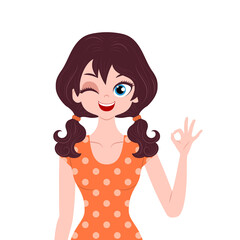 Young woman character gesturing ok sign isolated on white background