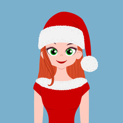 Young woman character wearing santa hat. Christmas design element