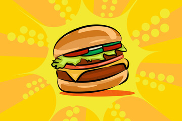 Fast Food Burger, with orange background. Vector Illustration