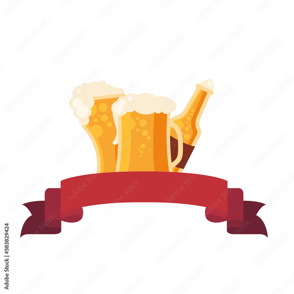 Poster beer glasses and bottle with ribbon vector design