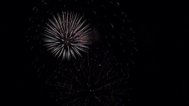 Beautiful real fireworks show in night sky. New Year firework. Celebration