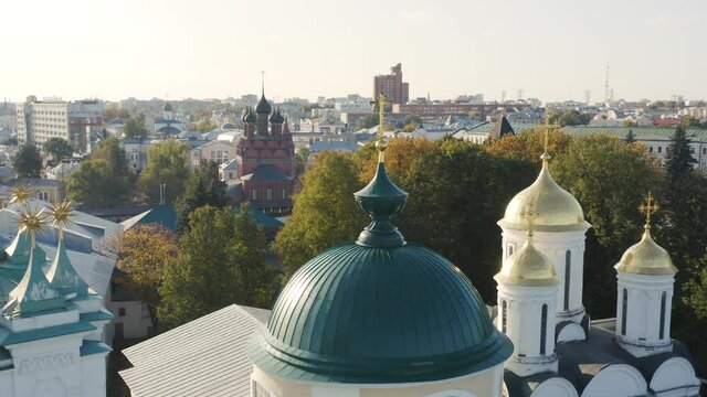 Aerial view of domes of orthodox church in Yaroslavl