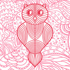 Square intricate pattern. Owl. Hand drawn mandala. Design for spiritual relaxation for adults
